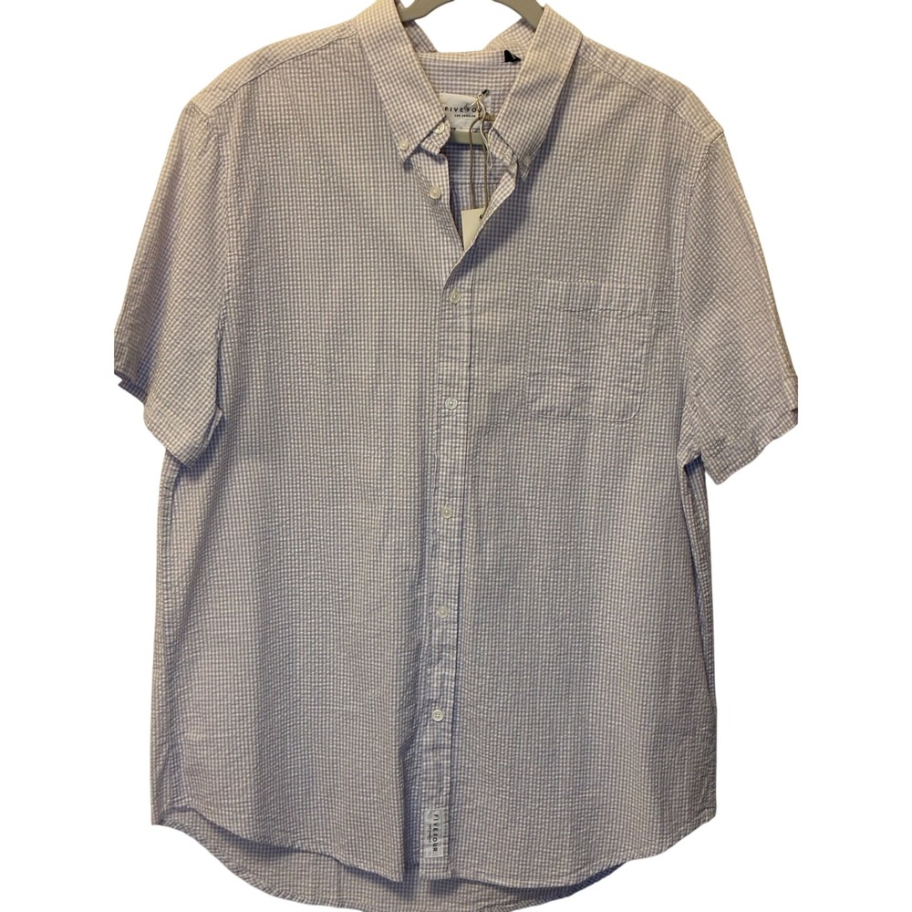 Five Four Mens XL Purple White Gingham Seersucker Short Sleeve Button Down Shirt